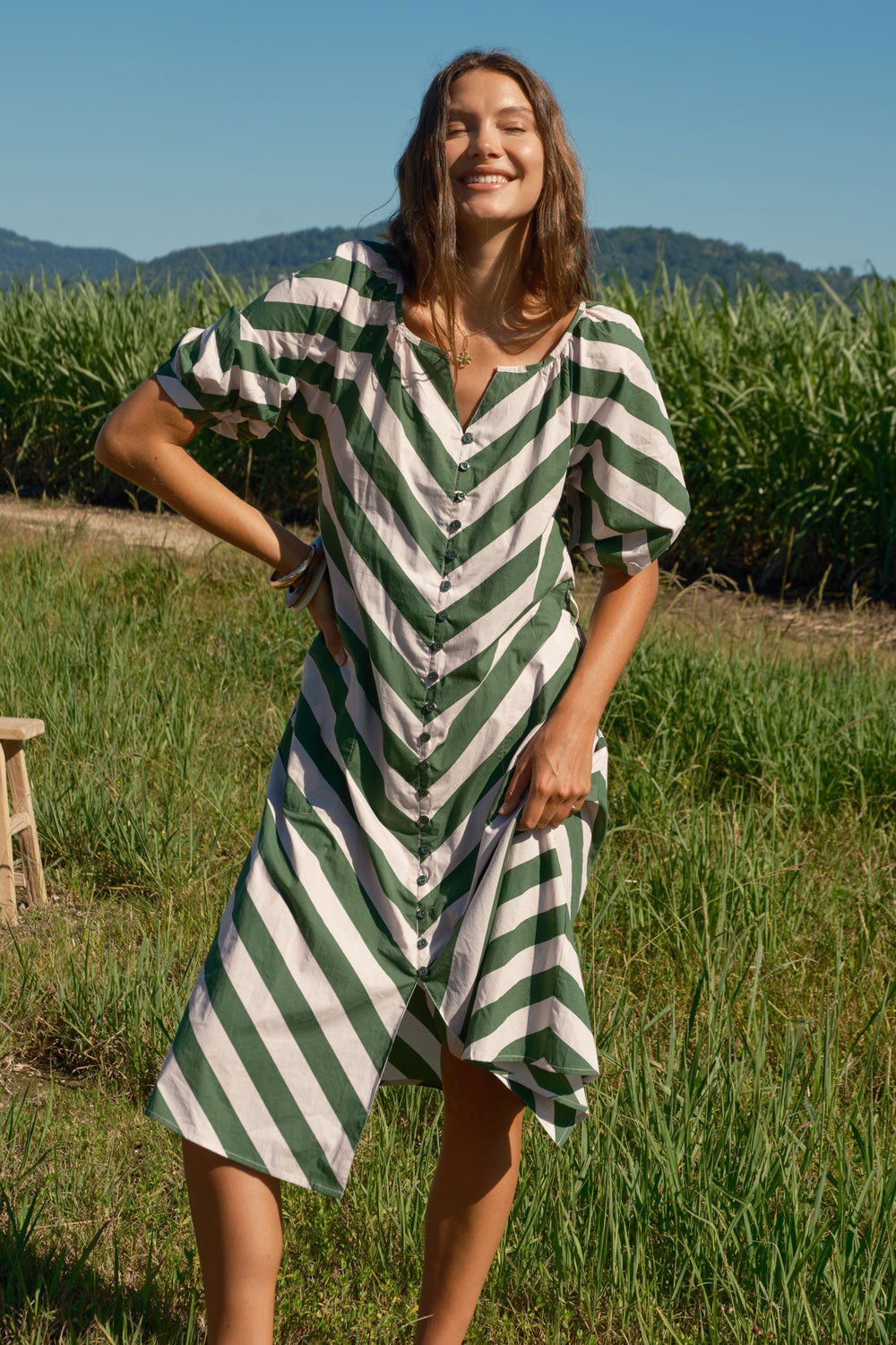 Itami Stripe Button Dress Olive