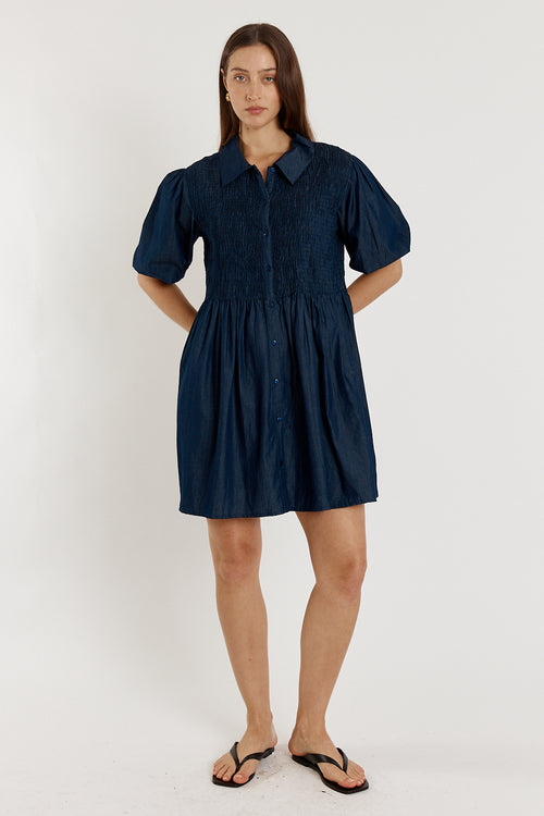 Giliann Gimlet Shirred Dress Denim