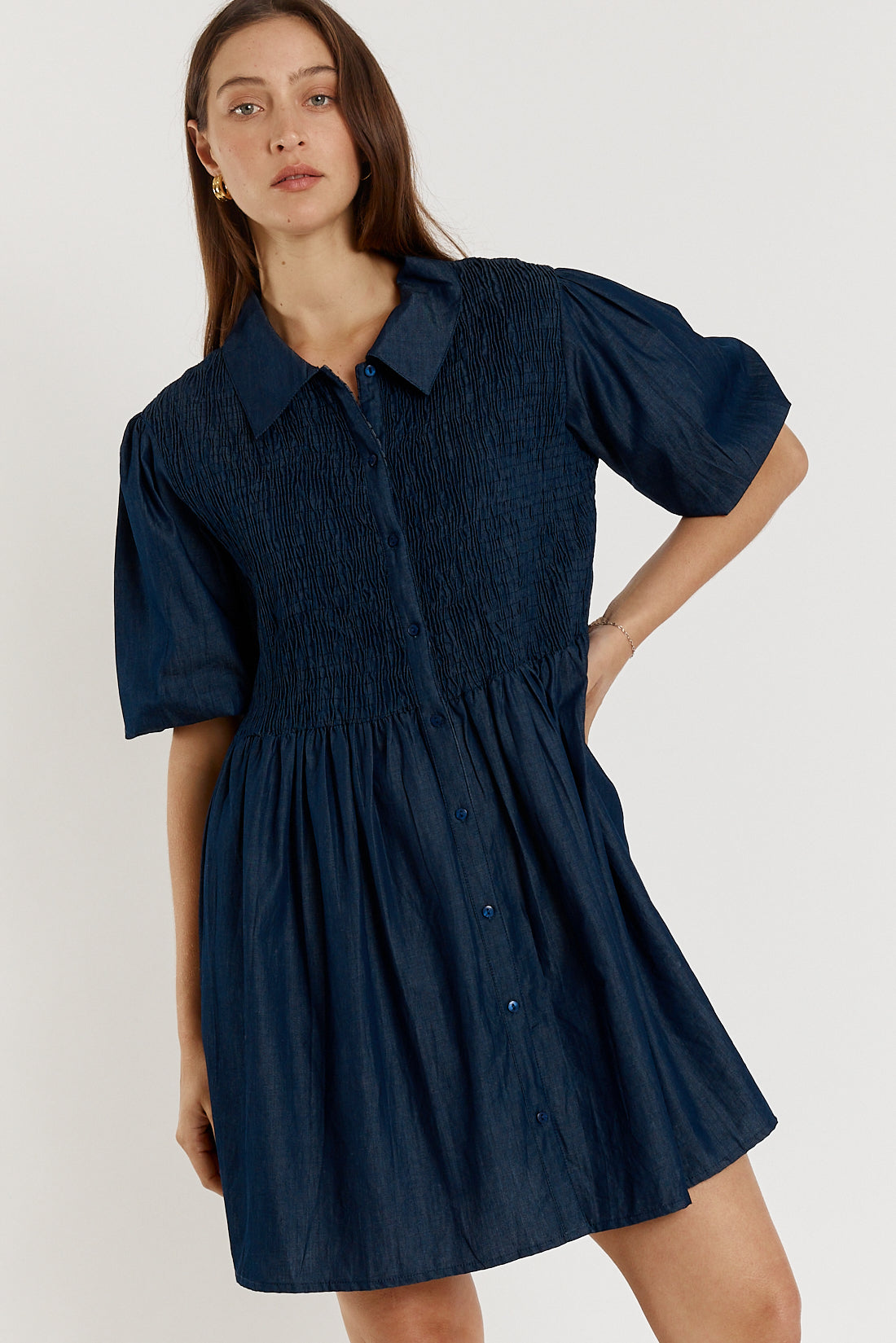 Giliann Gimlet Shirred Dress Denim