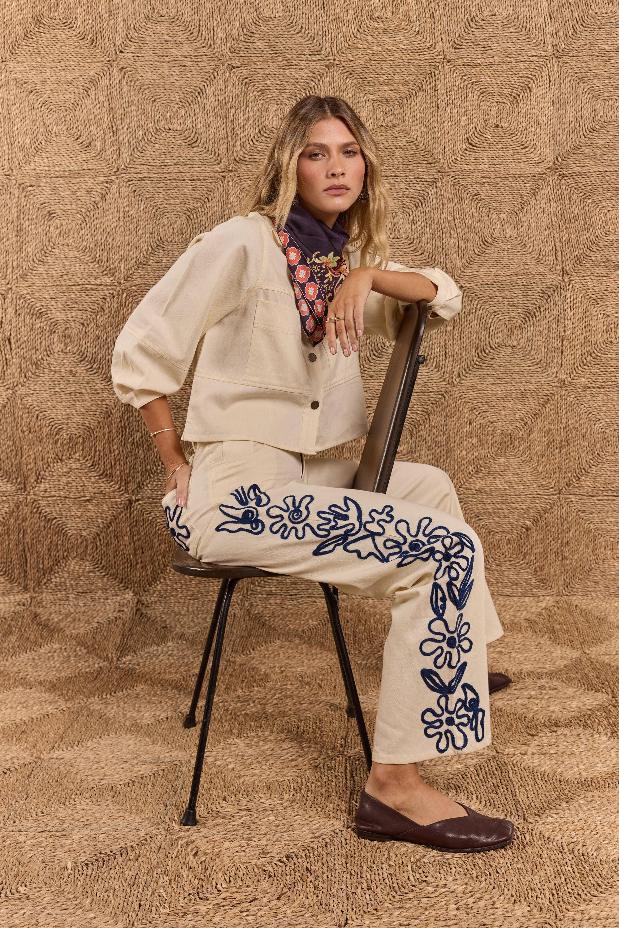 Rubyyaya Carmi Floral Embroidered Jean Natural
