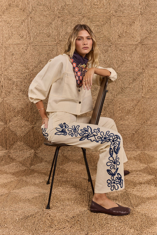 Rubyyaya Carmi Floral Embroidered Jean Natural