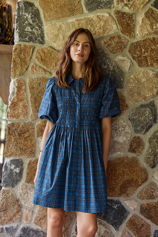 Cowgirl Surfer Parquet Shirred Dress Blue
