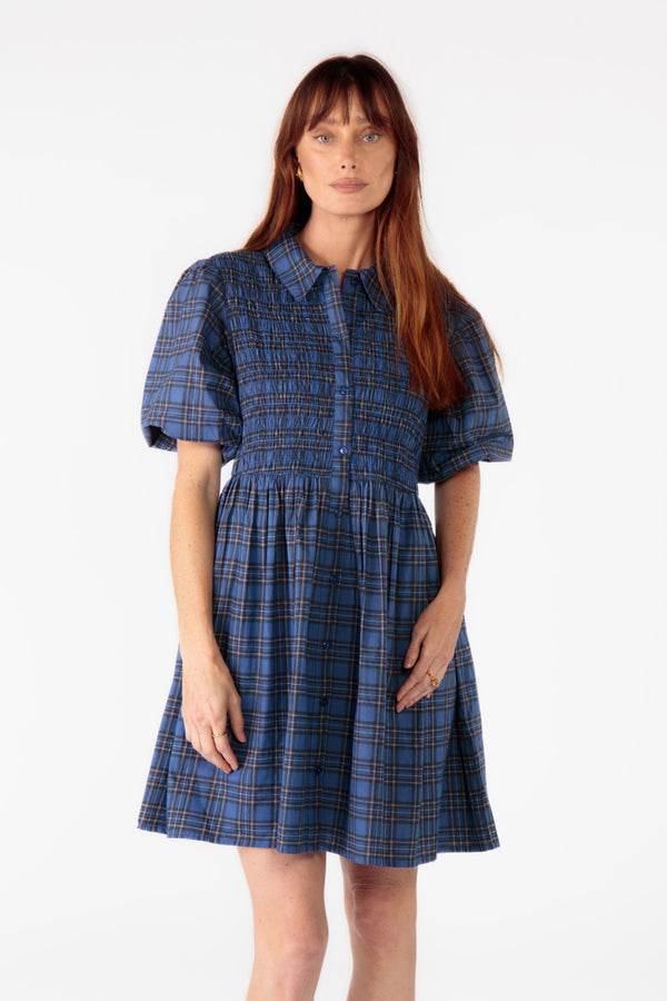 Cowgirl Surfer Parquet Shirred Dress Blue