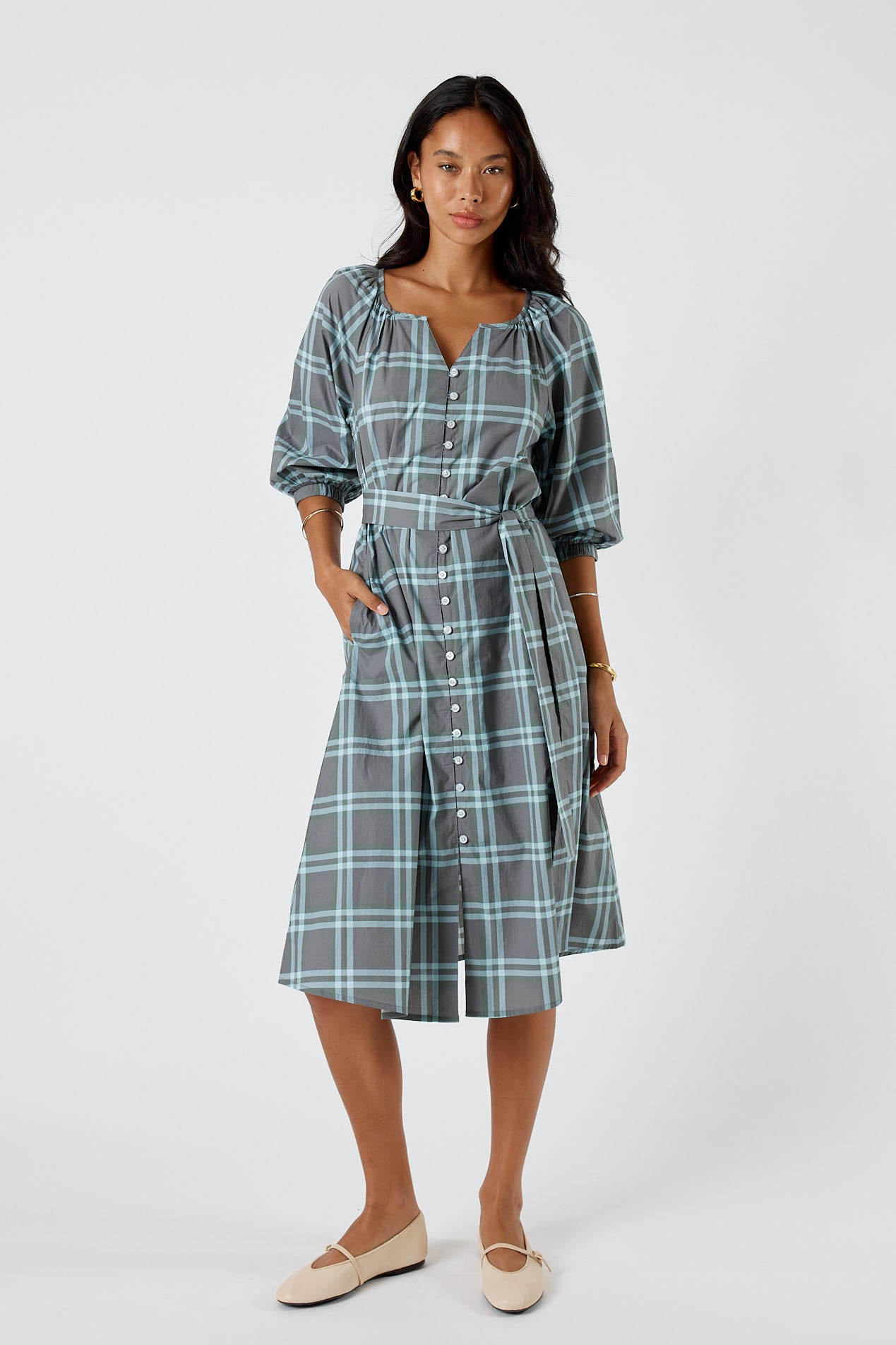 Itami Check Button Midi Dress Green