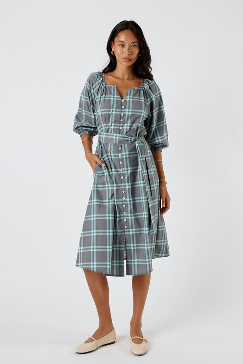 Itami Check Button Midi Dress Green
