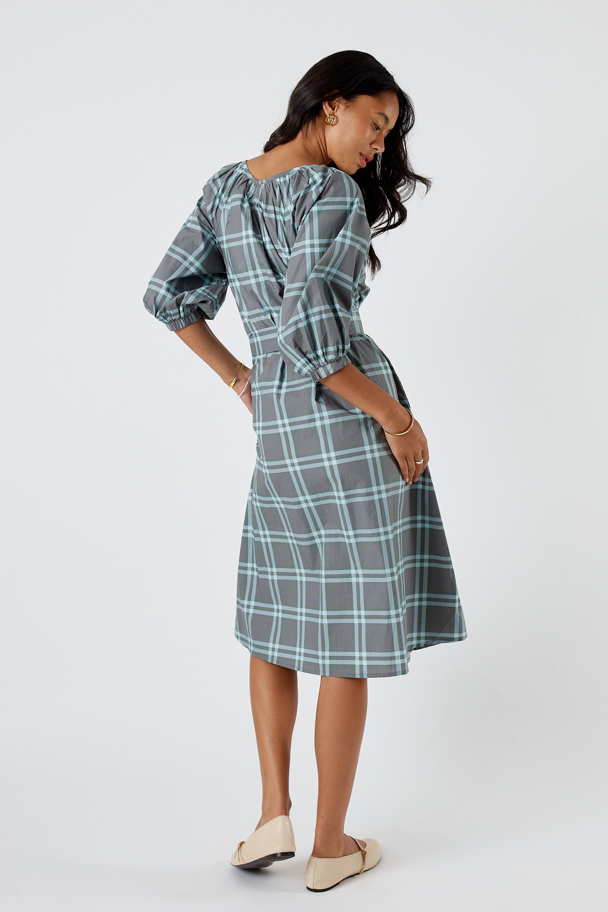 Itami Check Button Midi Dress Green