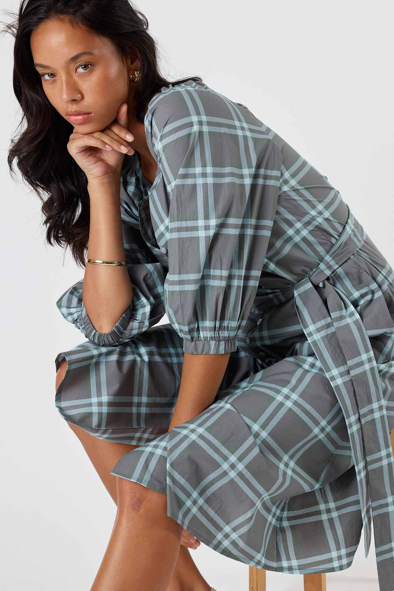 Itami Check Button Midi Dress Green