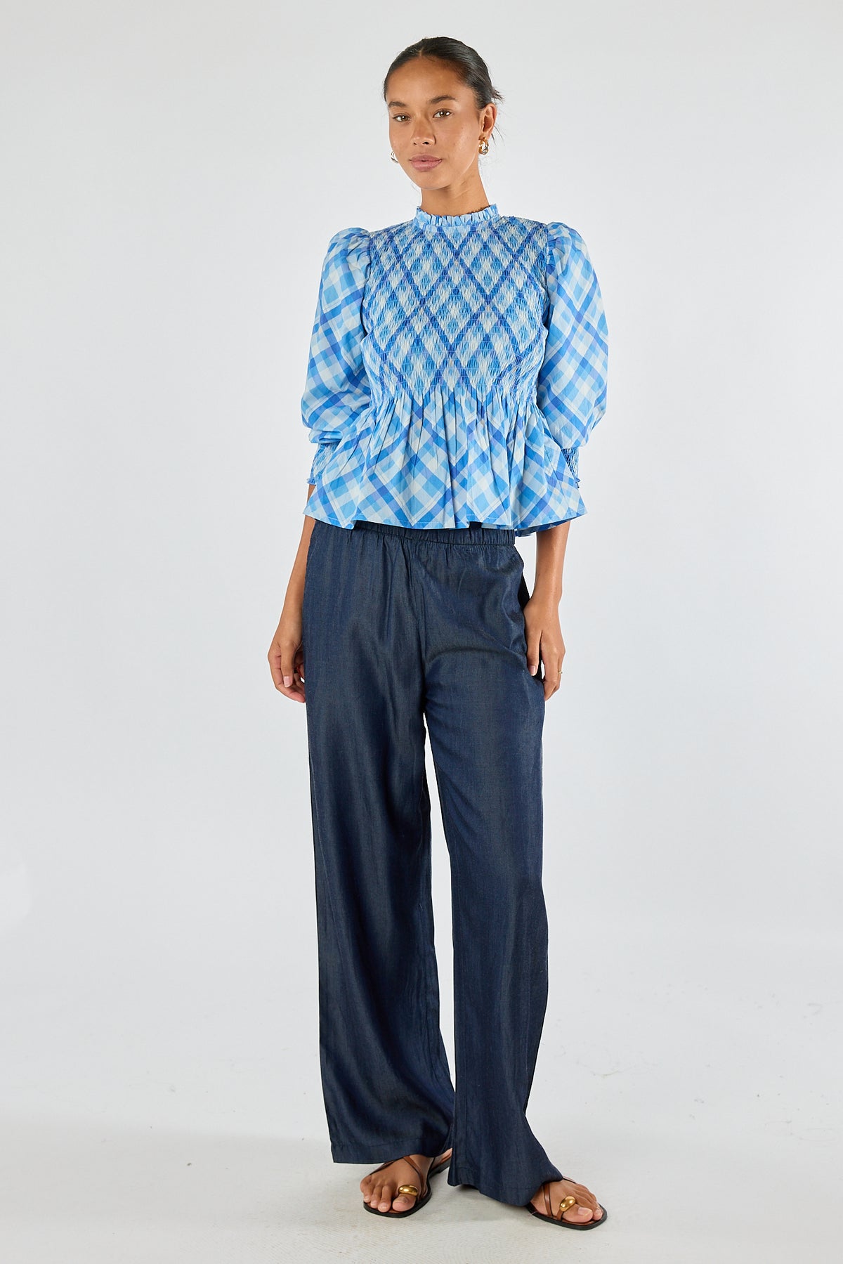 Itami Check Ruched Top Blue