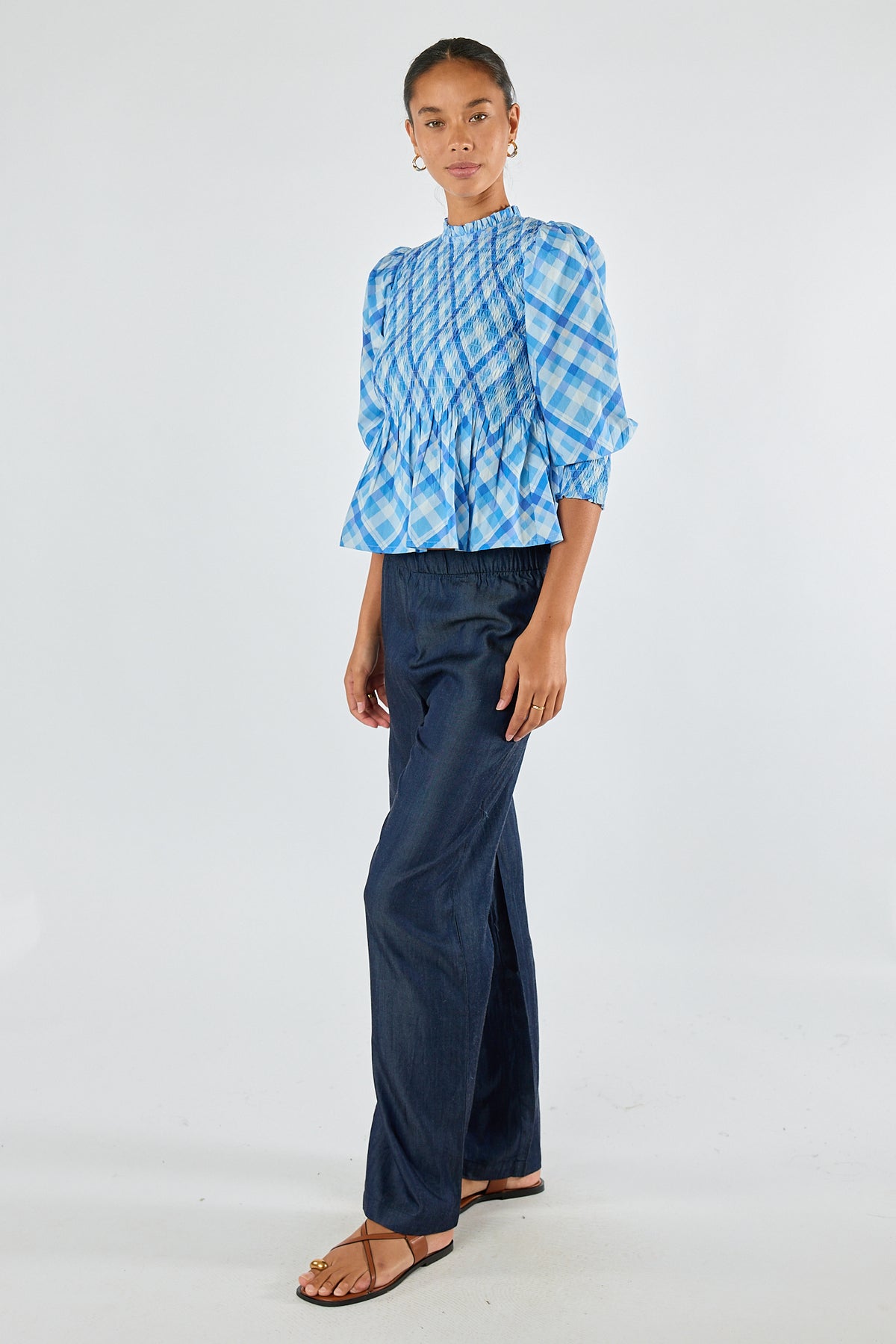 Itami Check Ruched Top Blue