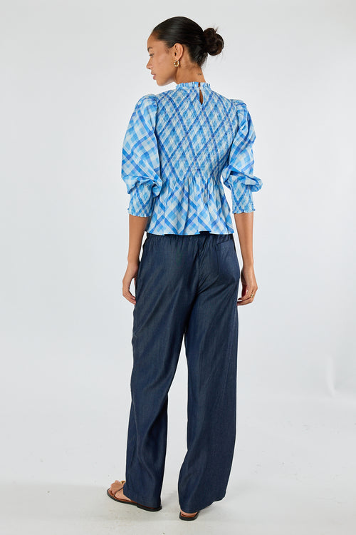 Itami Check Ruched Top Blue