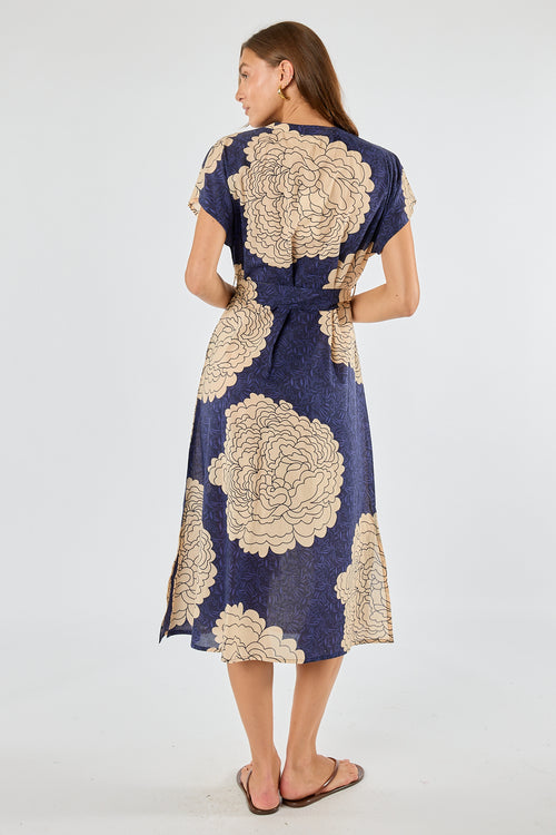 Itami Orient Capped Sleeve Dress Navy
