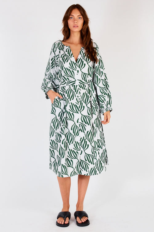 Itami Sakanto L/S Button Dress Verde White