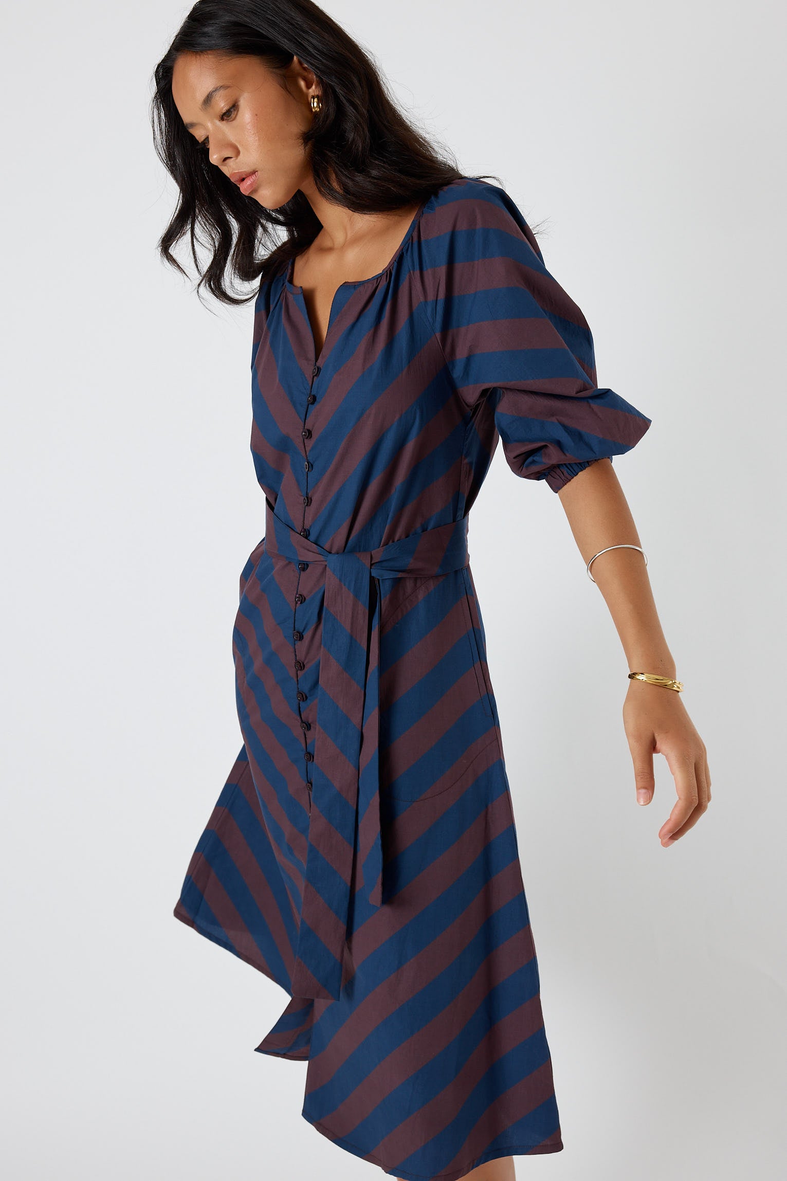 Itami Stripe Button Dress Navy