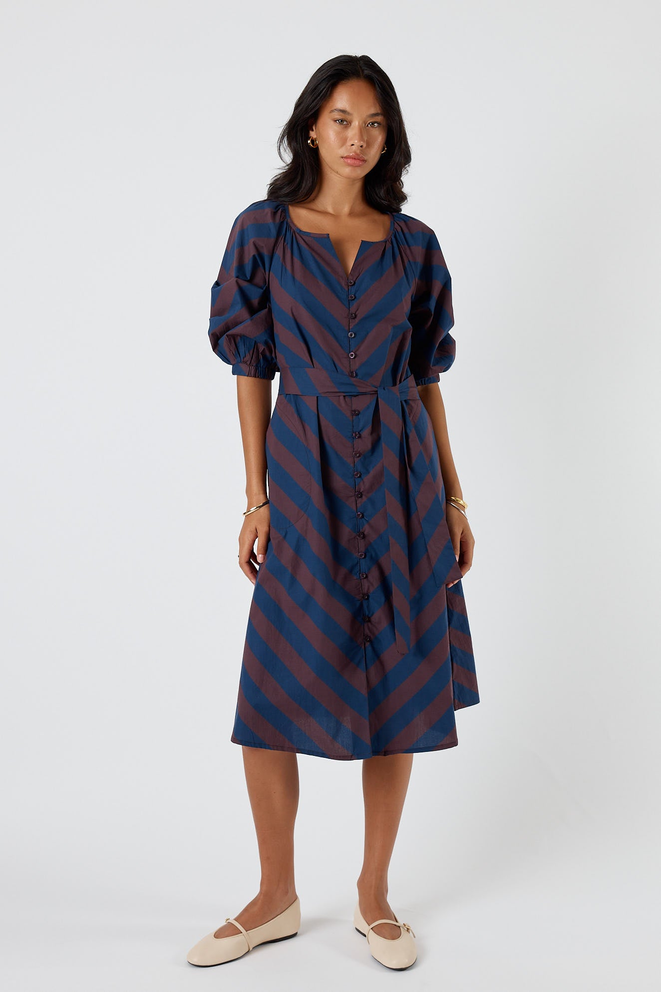 Itami Stripe Button Dress Navy