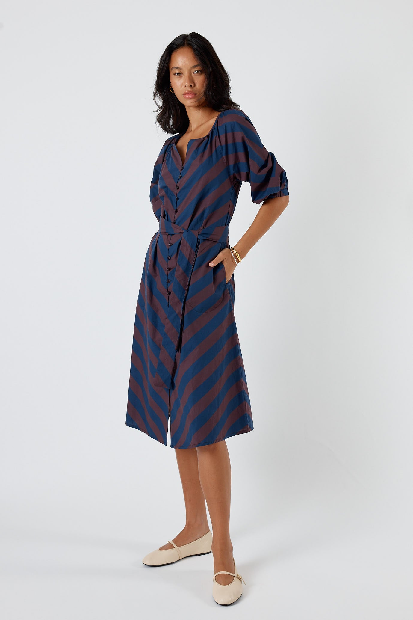 Itami Stripe Button Dress Navy