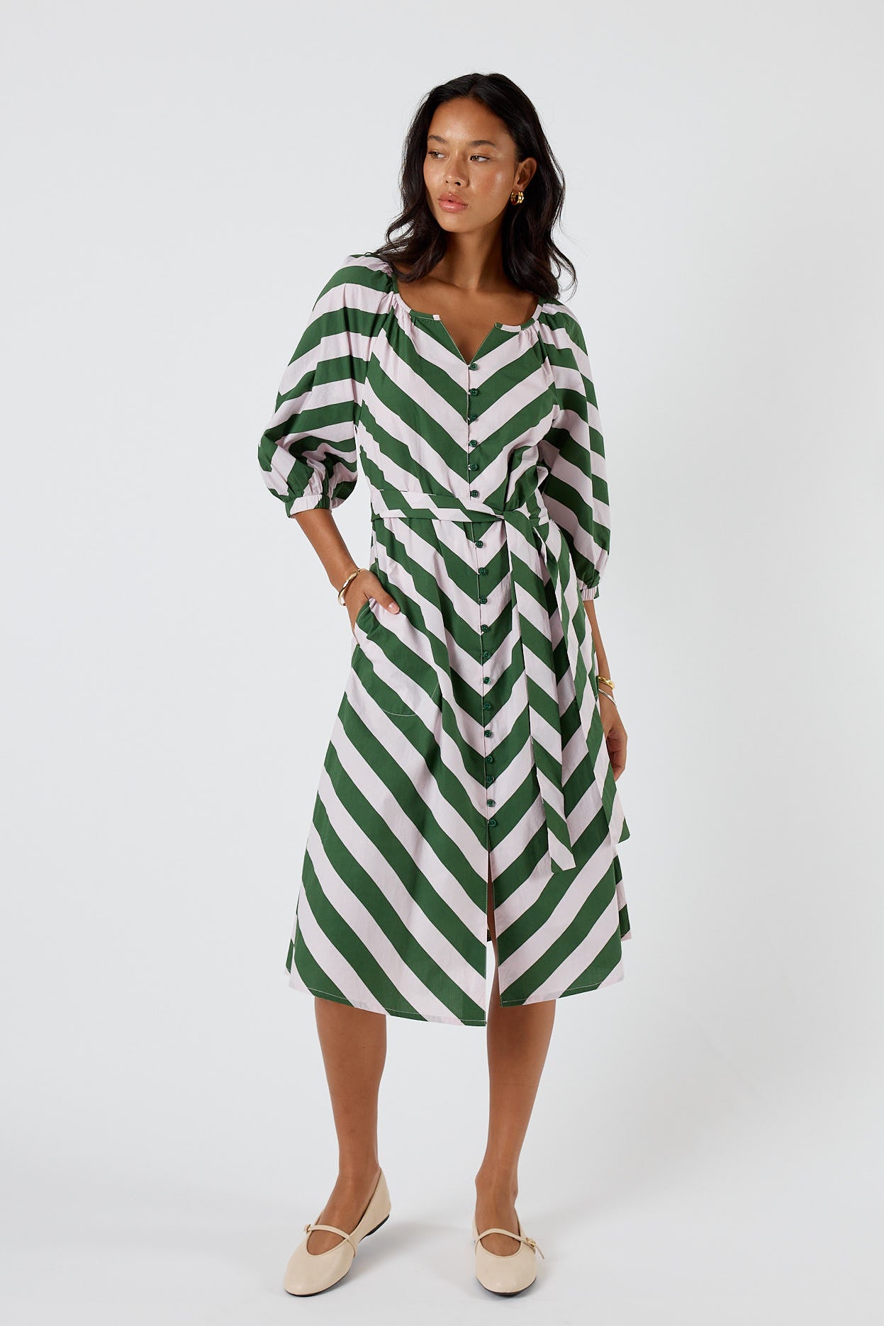 Itami Stripe Button Dress Olive