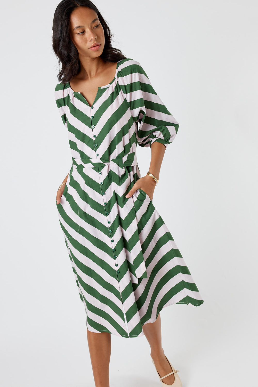 Itami Stripe Button Dress Olive