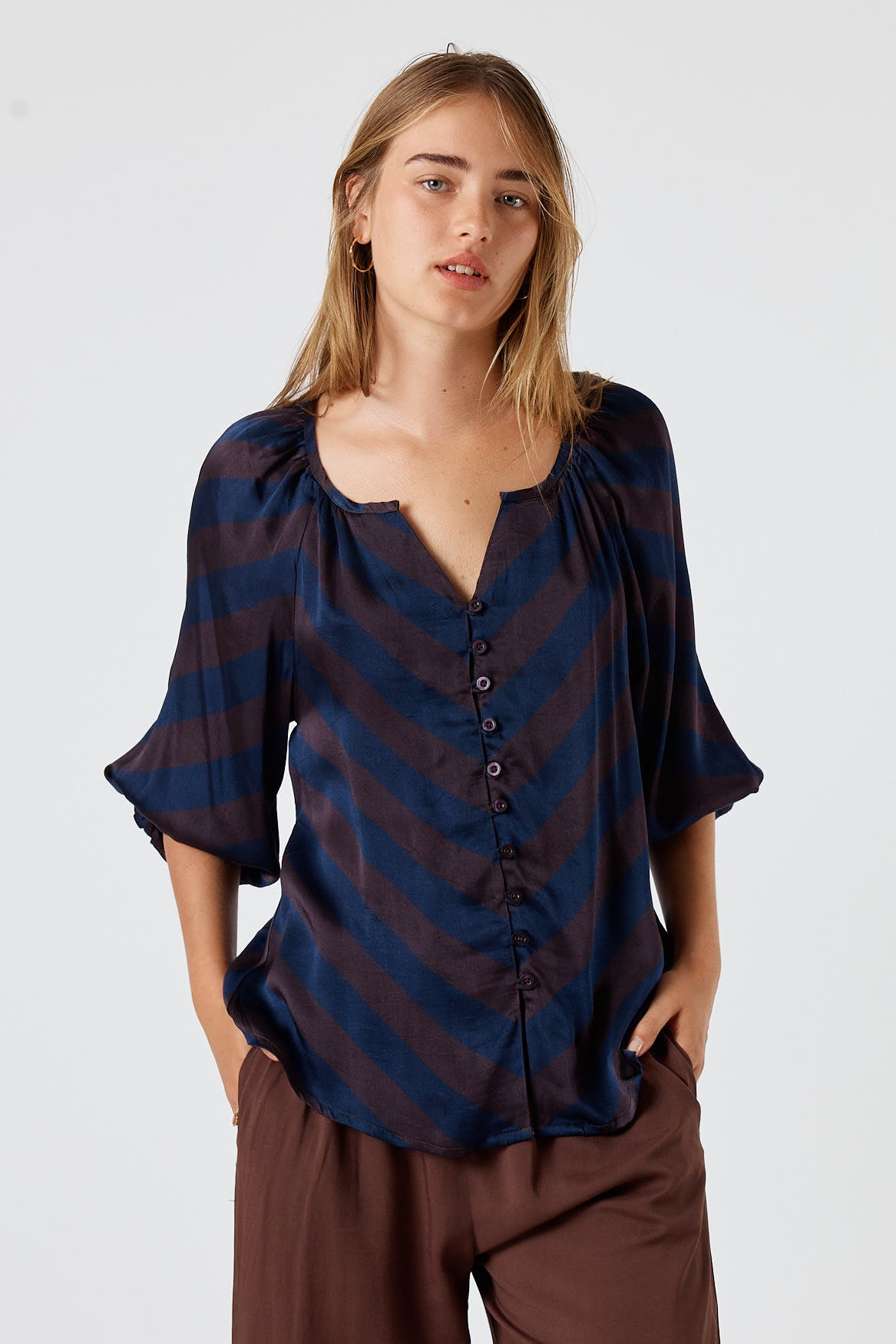 Itami Stripe Button Top Navy