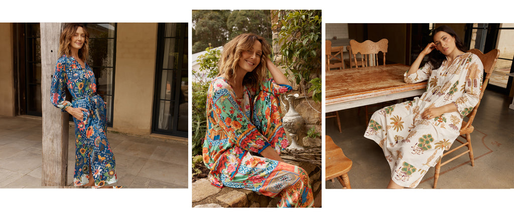 Three images of a model wearing colourful dresses in outdoor settings. From left to right, the Rubyyaya Toscana Dress, the Lulasoul Carlisle pant and shirt, and the Lulalife Amrita midi dress in white