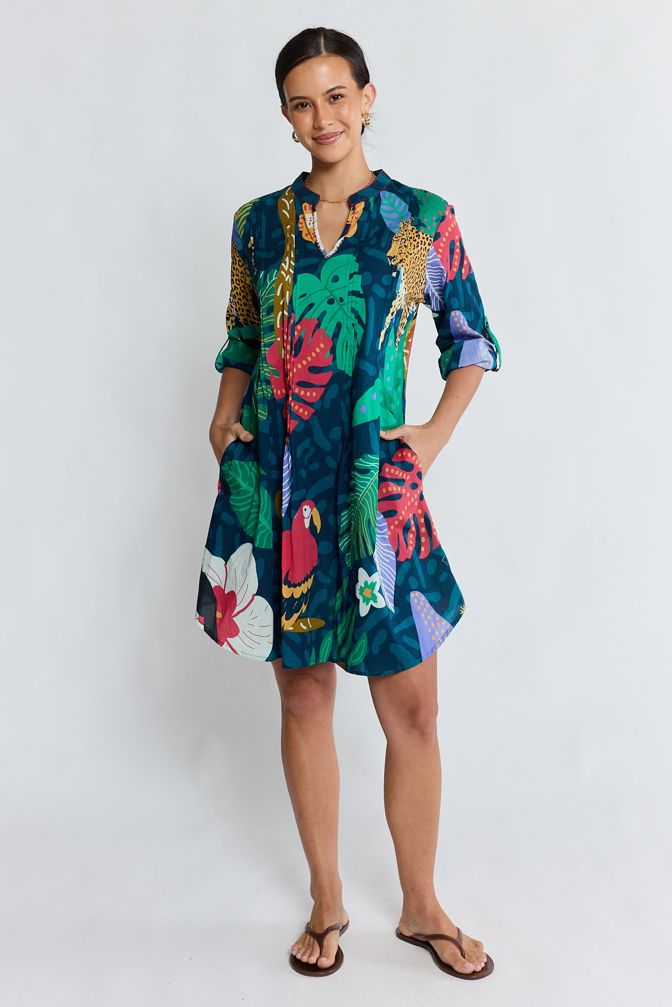 LulaLife Jungle Fever Tuck Dress Navy