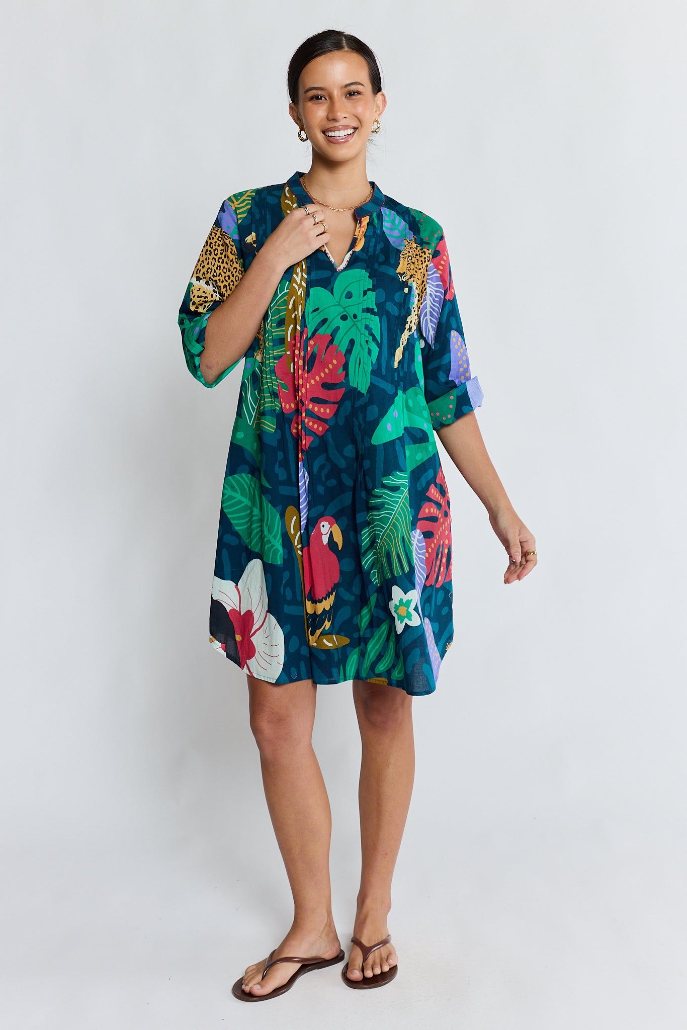 LulaLife Jungle Fever Tuck Dress Navy