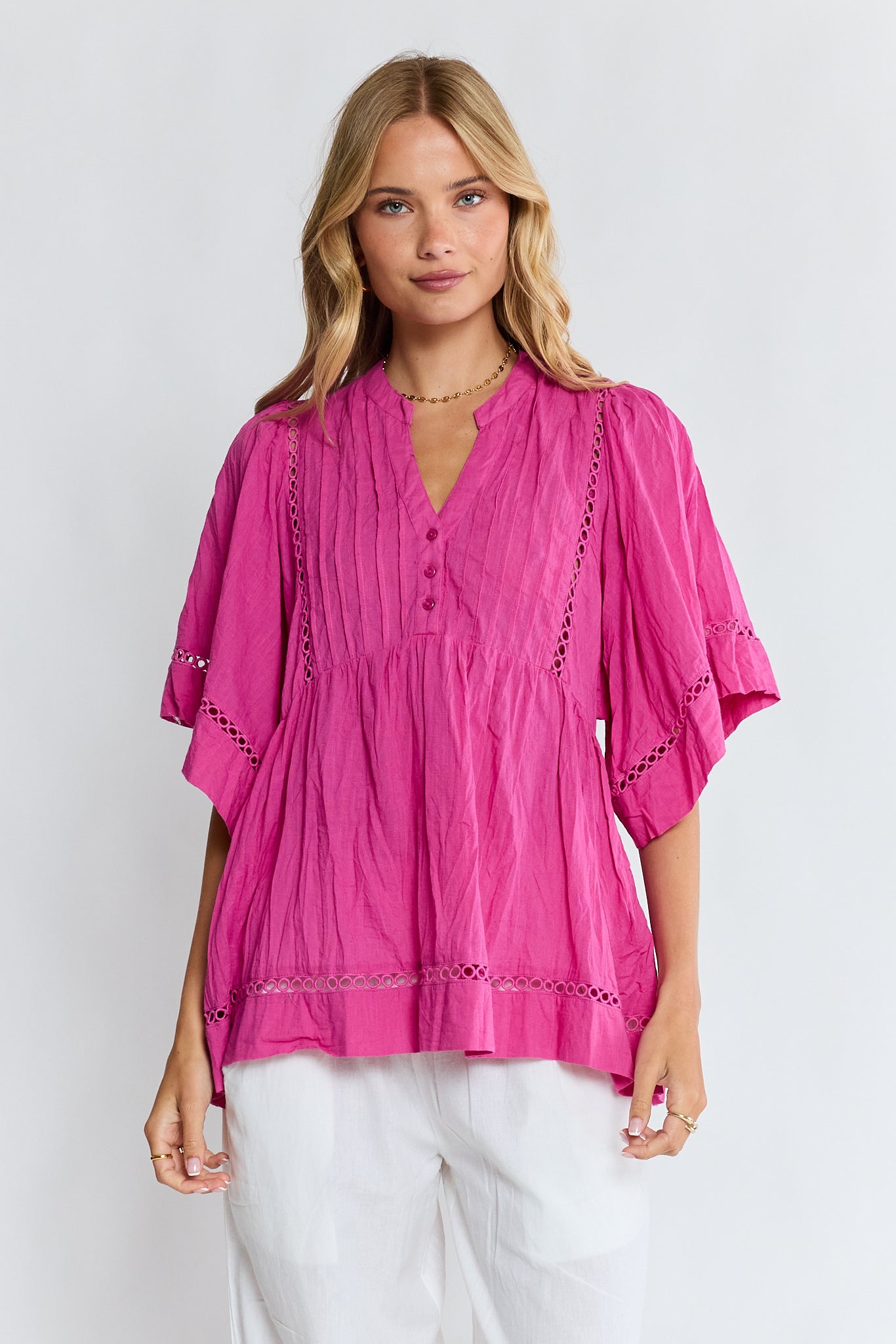 LulaLife Laverne Pintuck Top Fuschia