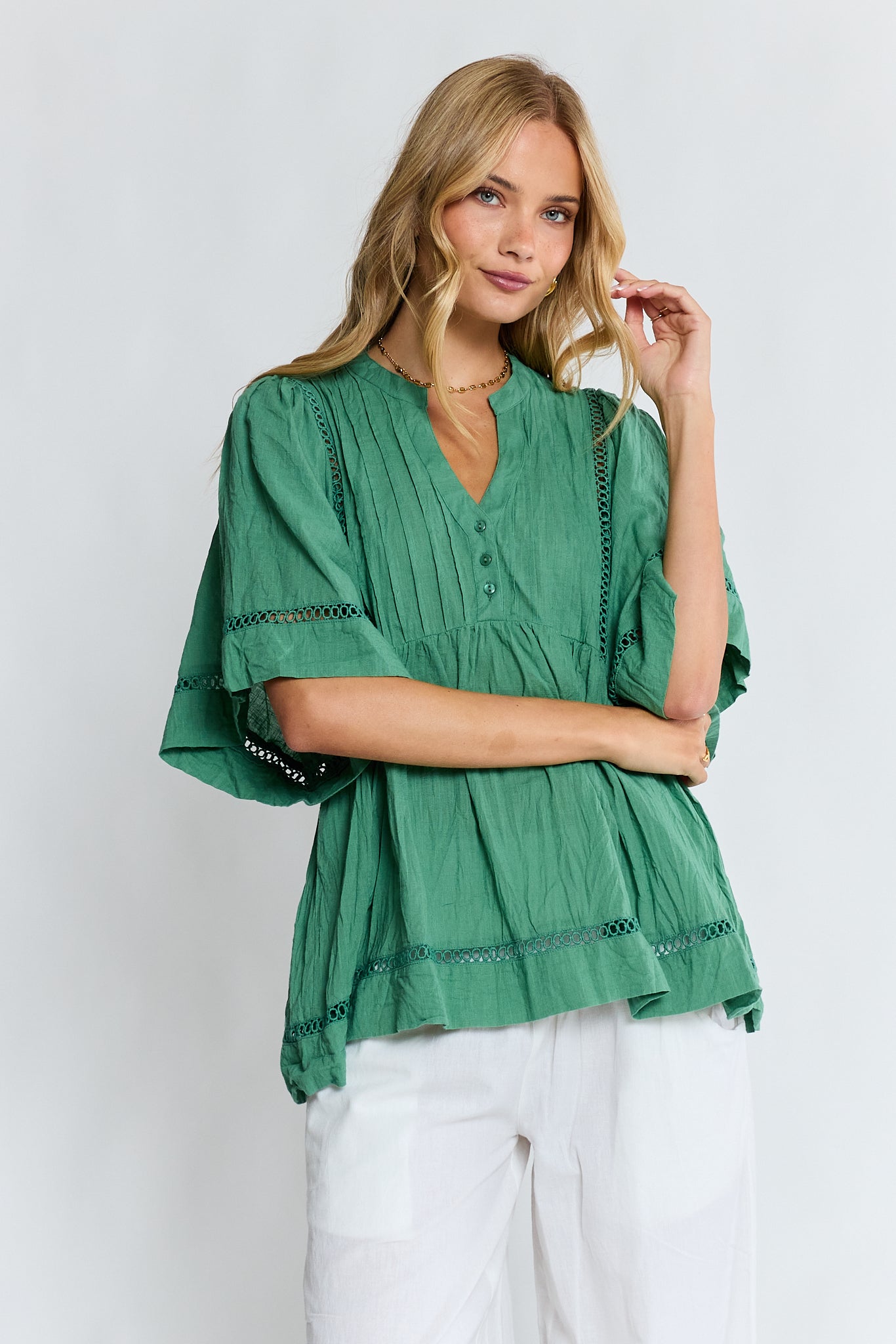 LulaLife Laverne Pintuck Top Gumleaf