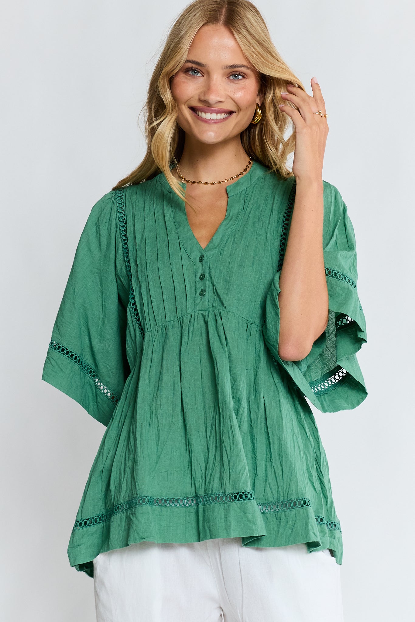 LulaLife Laverne Pintuck Top Gumleaf