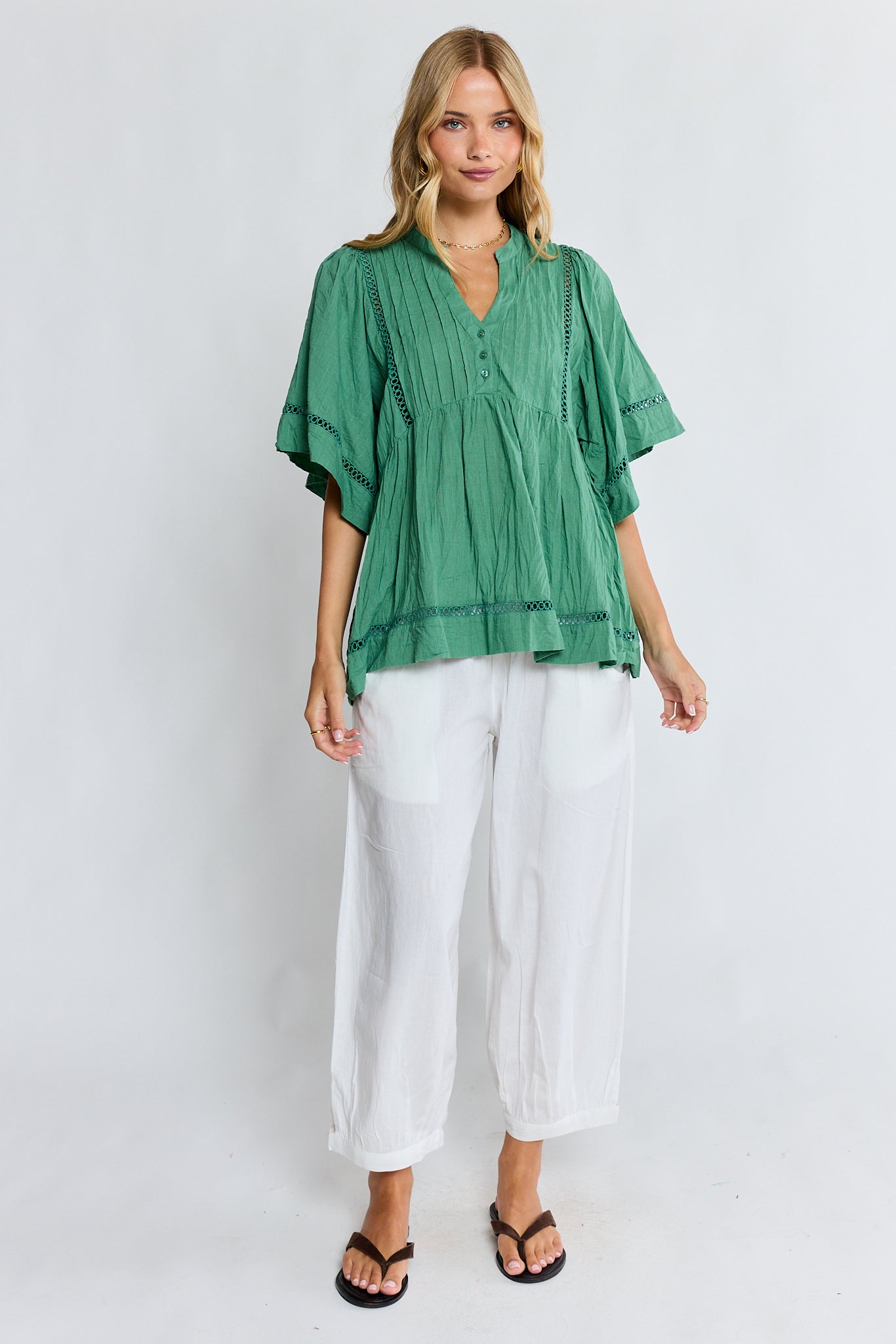 LulaLife Laverne Pintuck Top Gumleaf