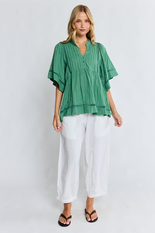 LulaLife Laverne Pintuck Top Gumleaf