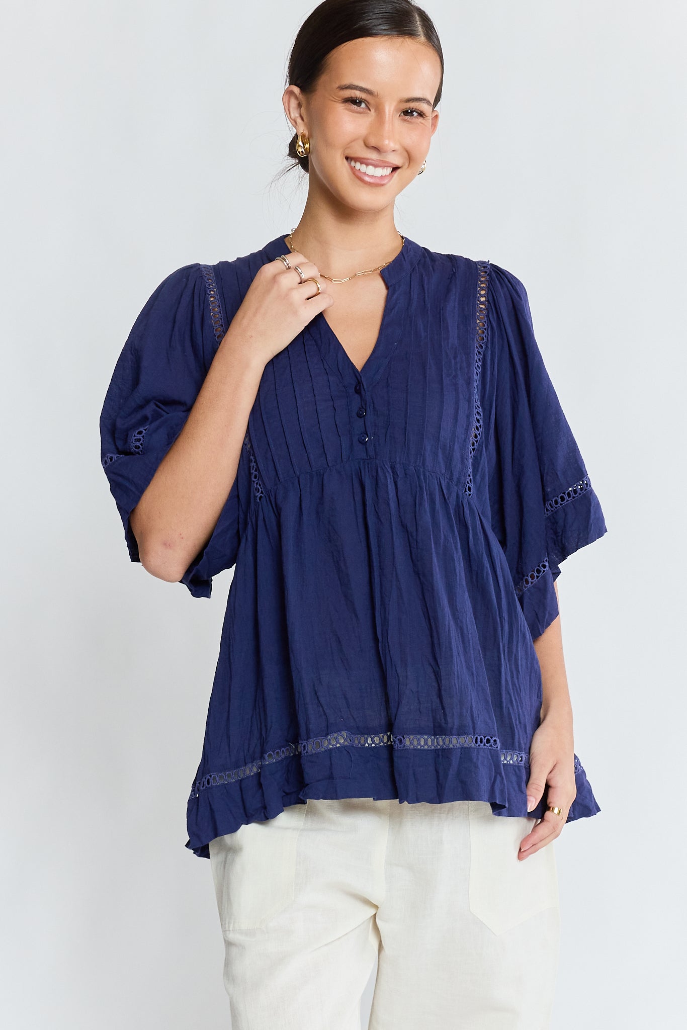 LulaLife Laverne Pintuck Top Navy