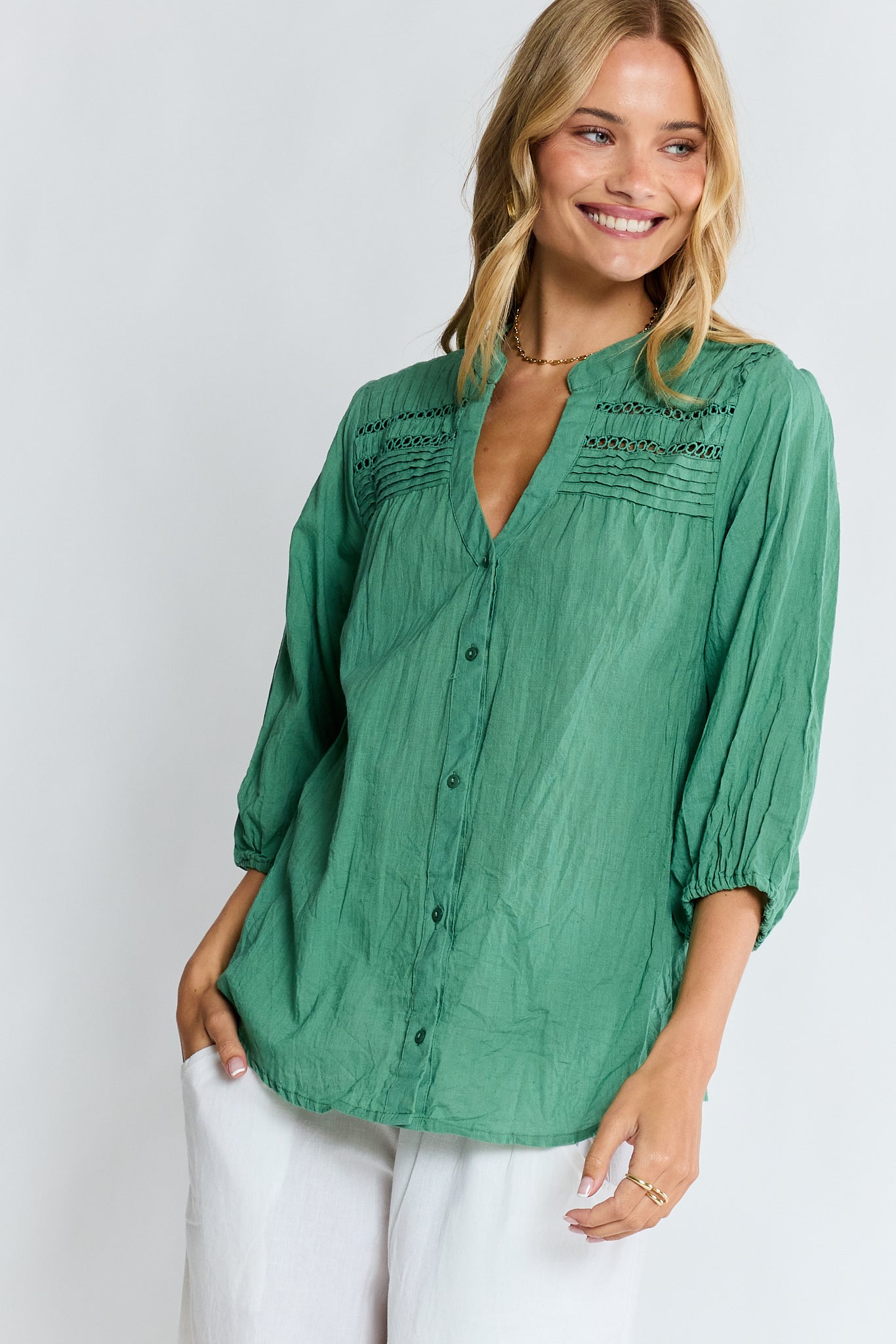 LulaLife Laverne Tuck Shirt Gumleaf