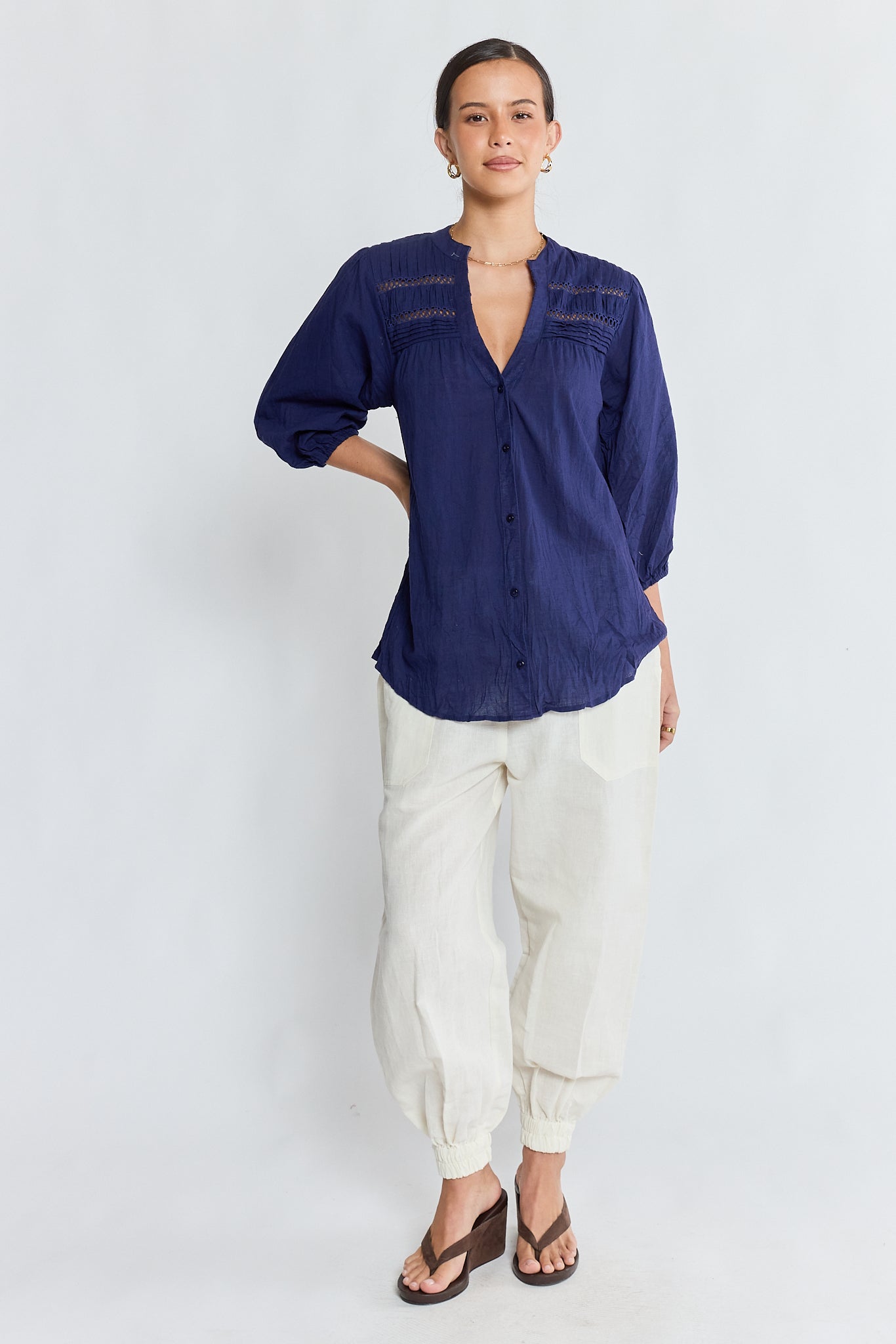 LulaLife Laverne Tuck Shirt Navy