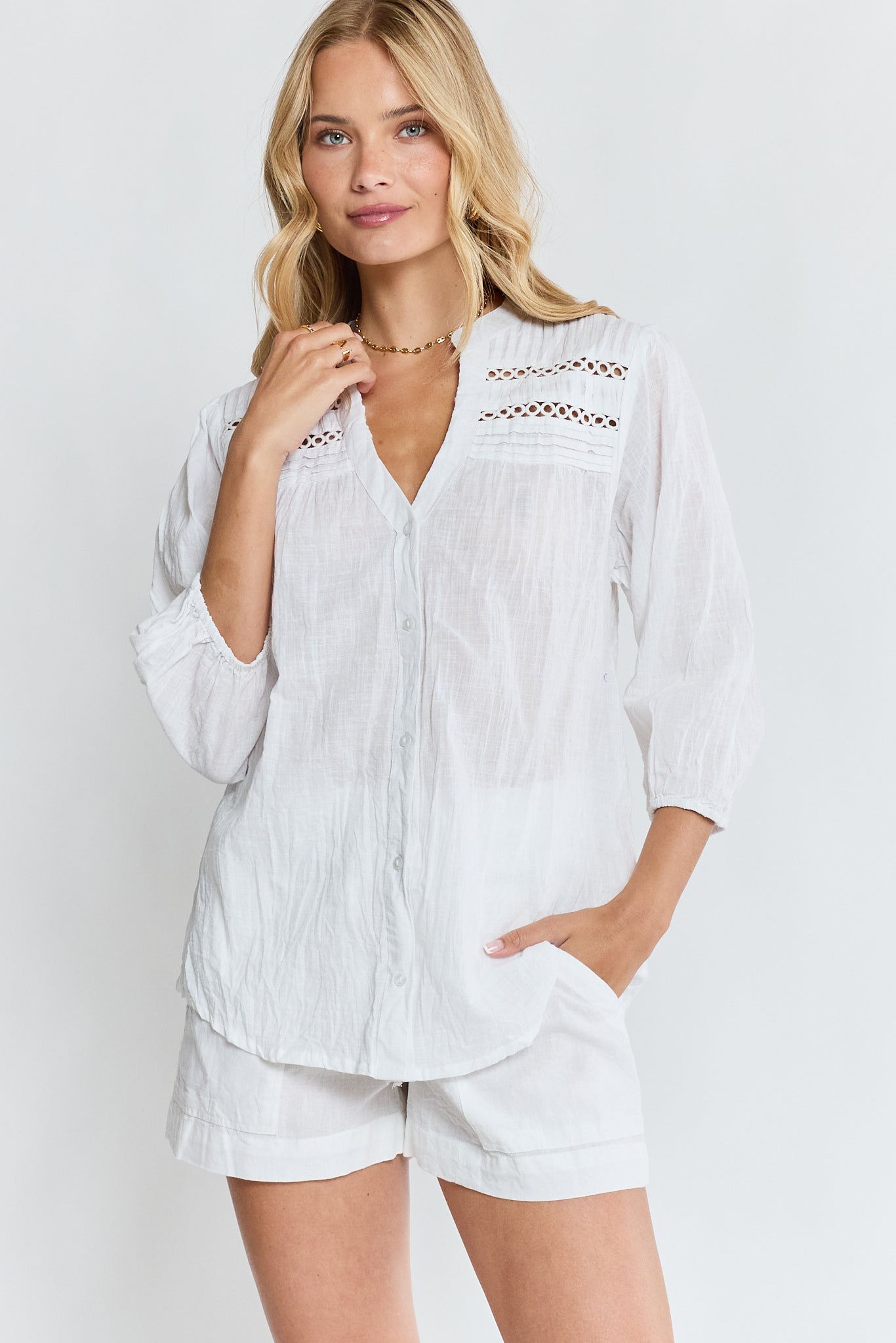 LulaLife Laverne Tuck Shirt White