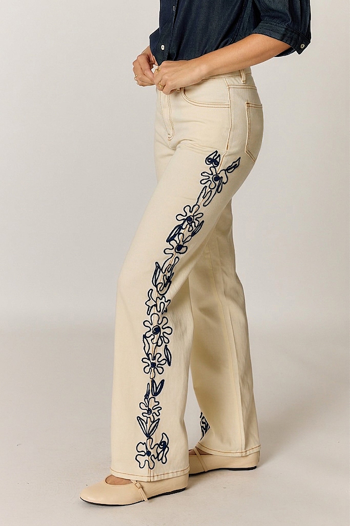Rubyyaya Carmi Floral Embroidered Jean Natural