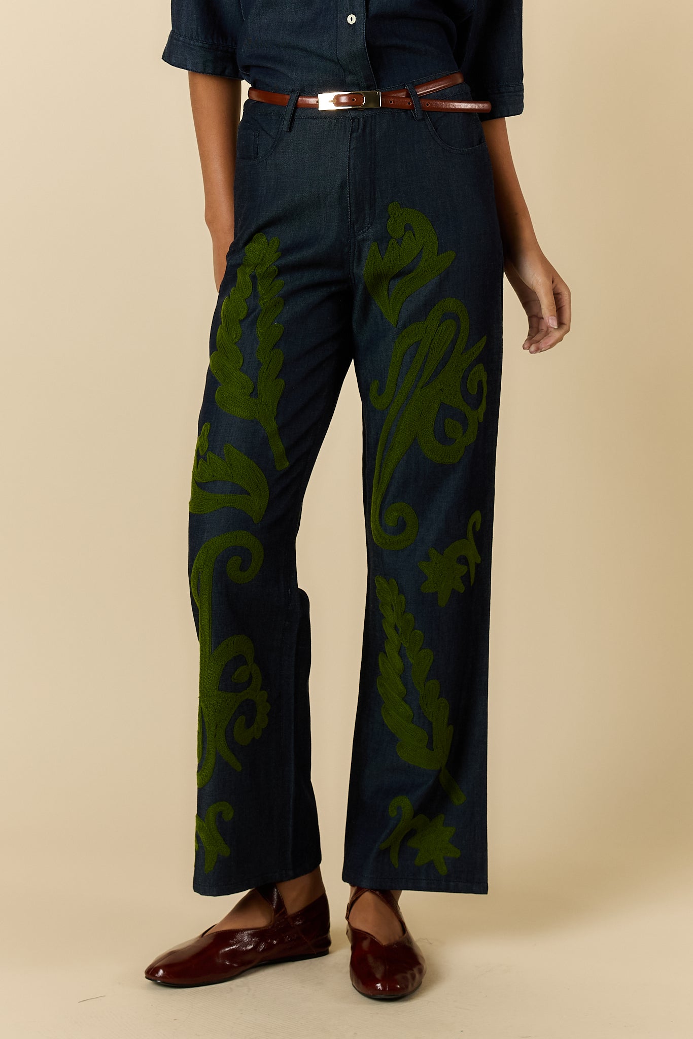 Rubyyaya Carmi Paisley Embroidered Jean Denim