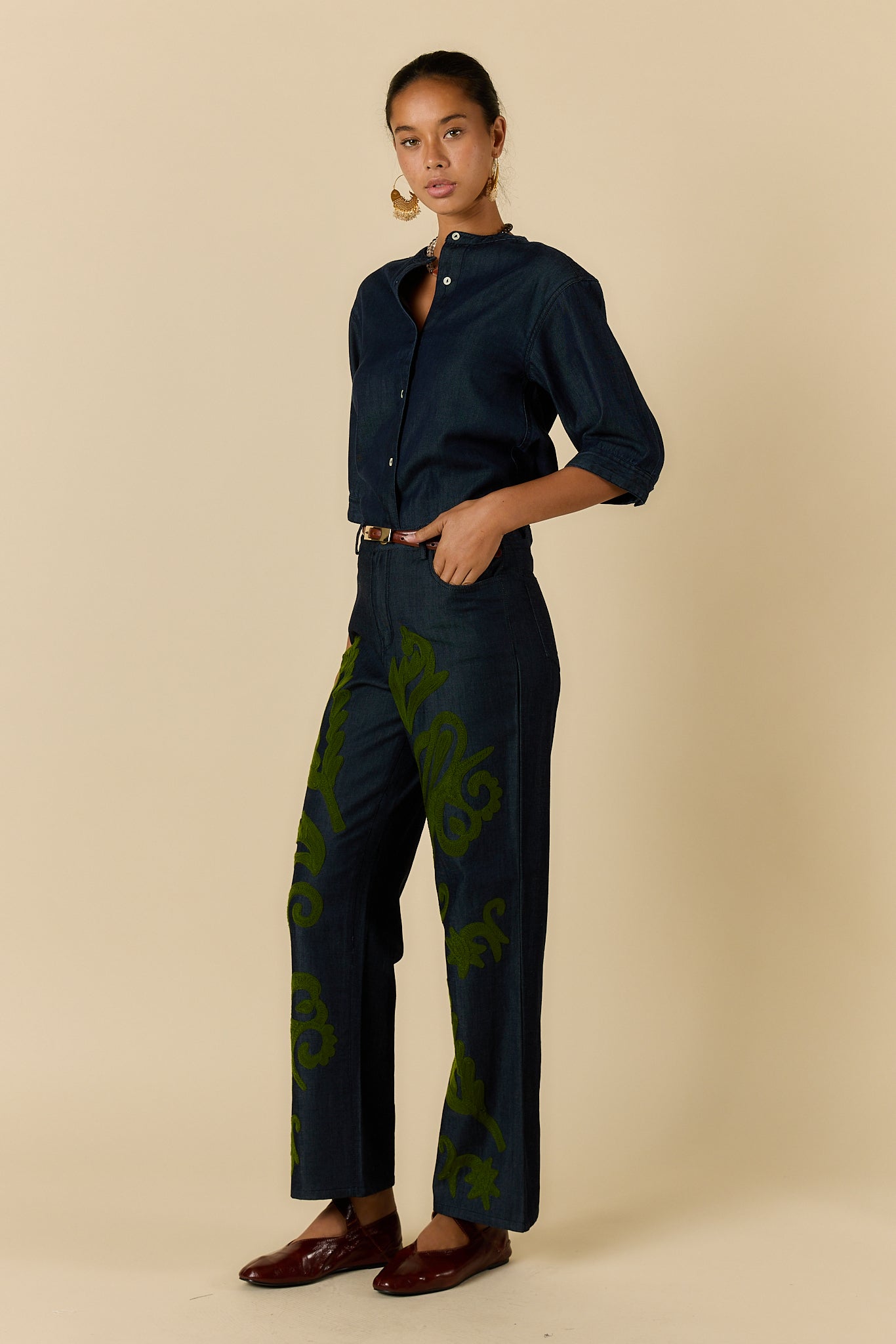 Rubyyaya Carmi Paisley Embroidered Jean Denim