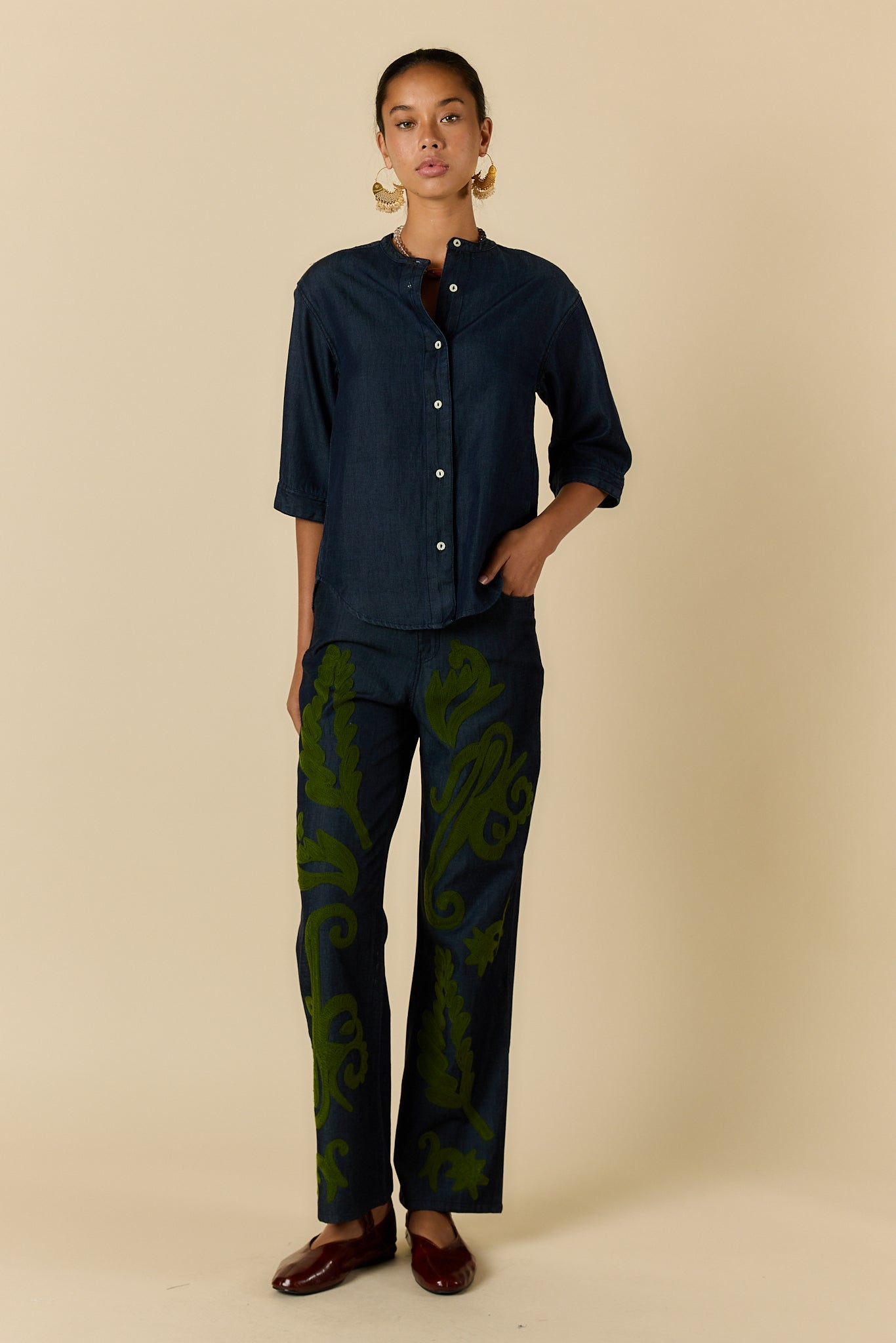 Rubyyaya Carmi Paisley Embroidered Jean Denim