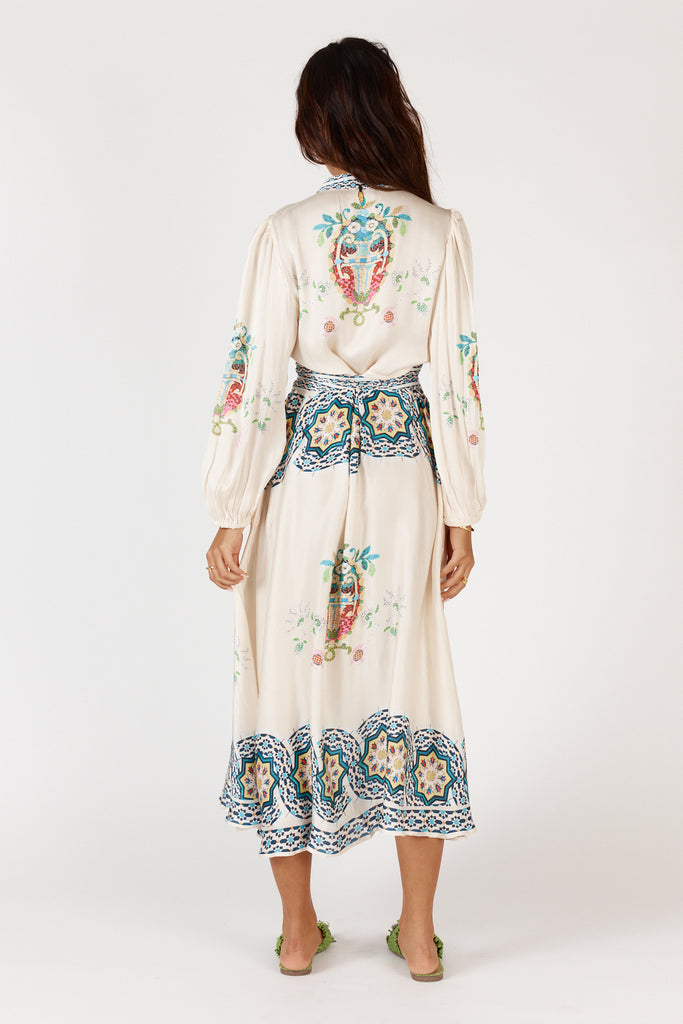 RubyYaya Garcia Maxi Dress back view highlighting flowing maxi length and belt detail.