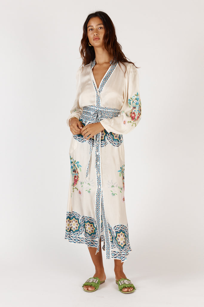 Model wearing RubyYaya Garcia Maxi Dress front view styled with tie belt, showcasing relaxed boho elegance.