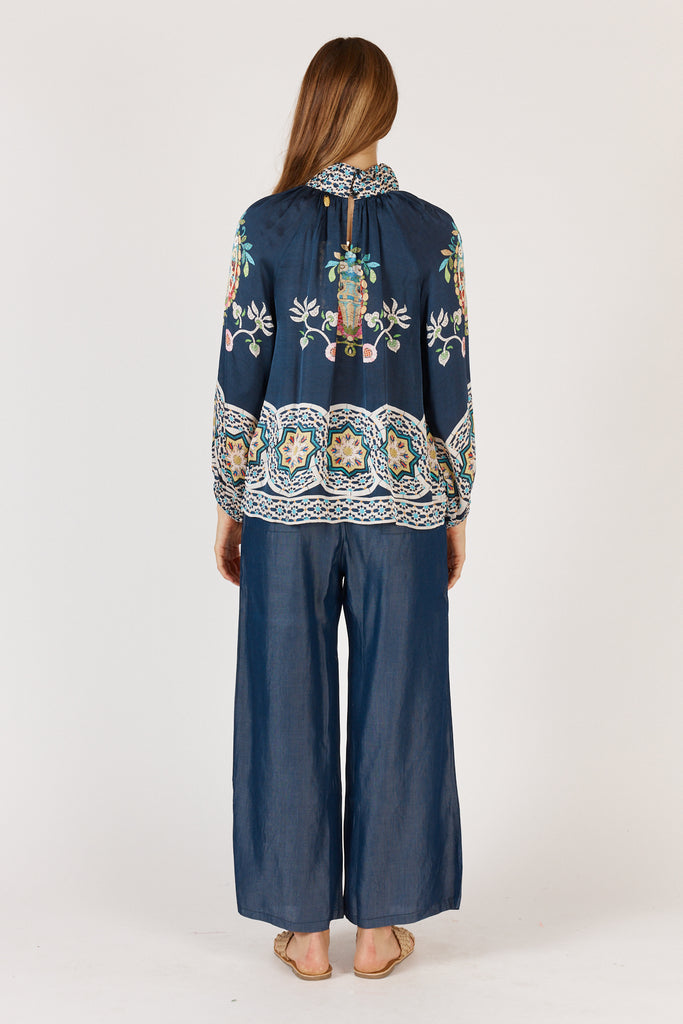 Back view of RubyYaya Garcia Shirt Navy displaying hip length and relaxed silhouette