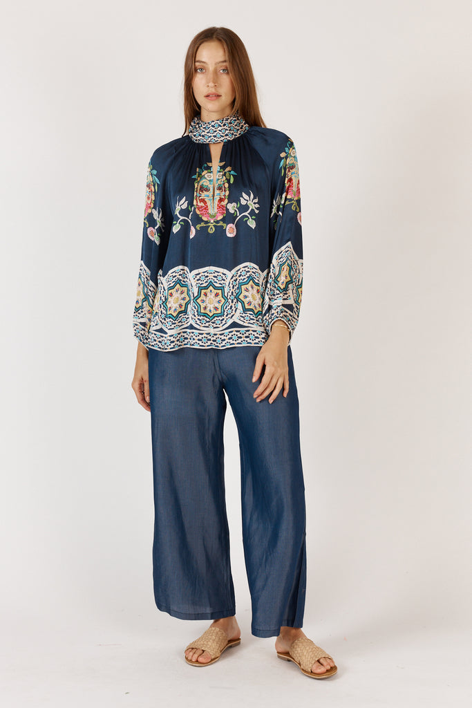 Front view of RubyYaya Garcia Shirt Navy showing high neck, full-length sleeves, and relaxed fit