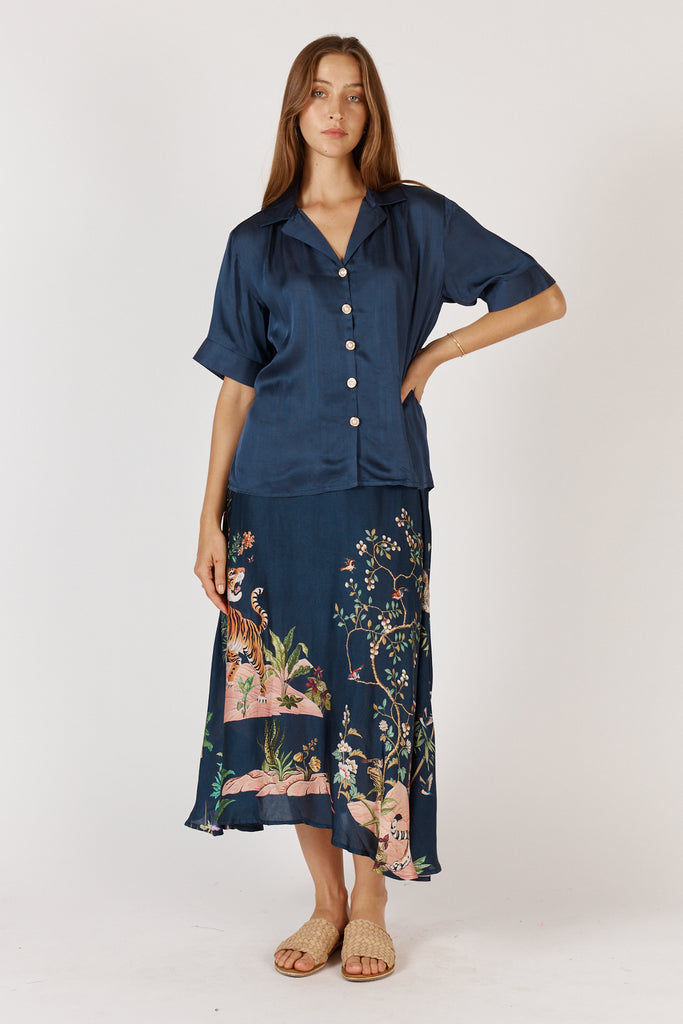 Front view of Rubyyaya Georgia Shirt Navy button-through design in luxe viscose satin, designed in Australia