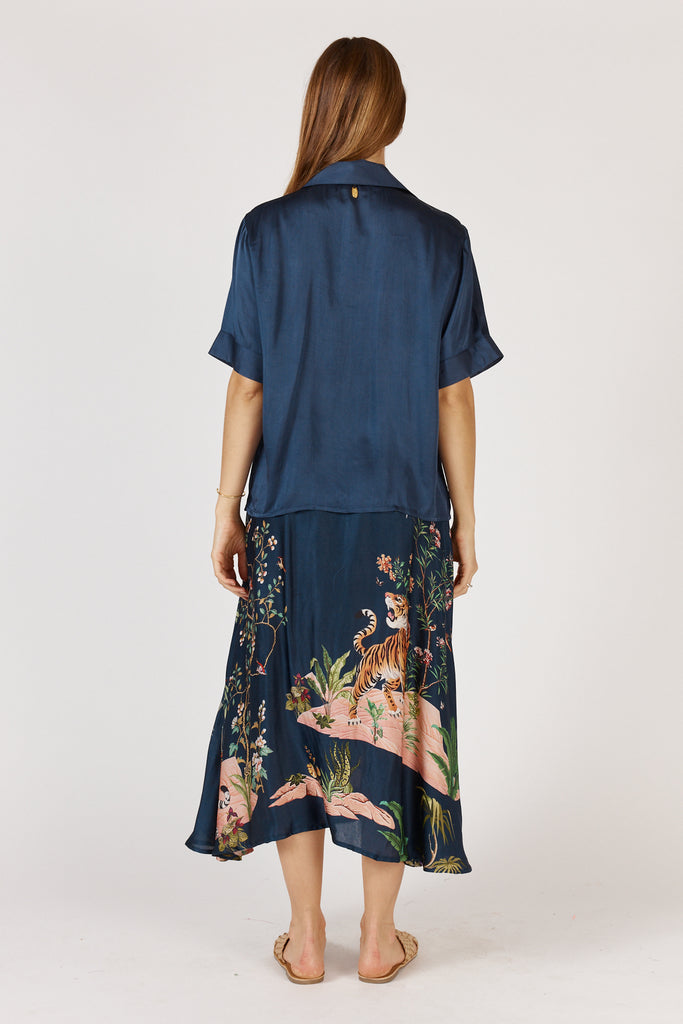 Back view of Rubyyaya Georgia Shirt Navy highlighting smooth viscose satin fabric and relaxed fit design