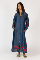 Front view of a model wearing the Rubyyaya Gokarna Maxi Dress without the belt, featuring a V-neckline, button-through style, long sleeves with elasticated cuffs, and intricate Aari embroidery on soft cotton, designed in Australia.
