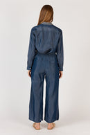 Back view of elasticated back waistband with back pockets on Rubyyaya Jonson Pant in soft cotton