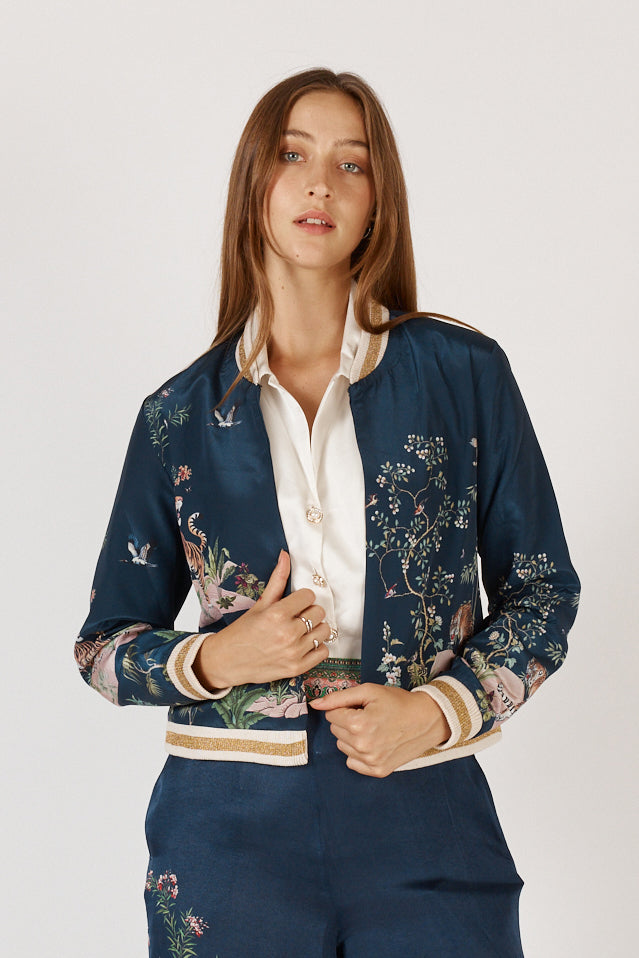 Close-up of Rubyyaya Machali Bomber Jacket showing ribbed collar and detailed front design.