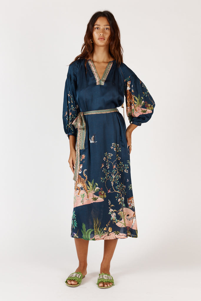 Model wearing Rubyyaya Machali Maxi Dress in 100% viscose satin, showcasing relaxed fit and 3/4 length sleeves.