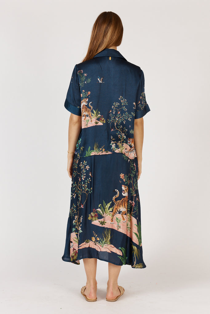 Back view of RubyYaya Machali Shirt Navy showing relaxed fit and soft drape in 100% viscose satin.