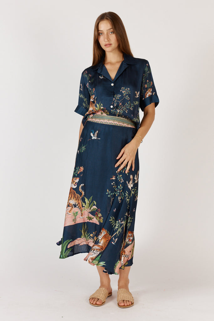 RubyYaya Machali Skirt Navy in 100% viscose satin shown flat front, A-line midi skirt, designed in Australia.